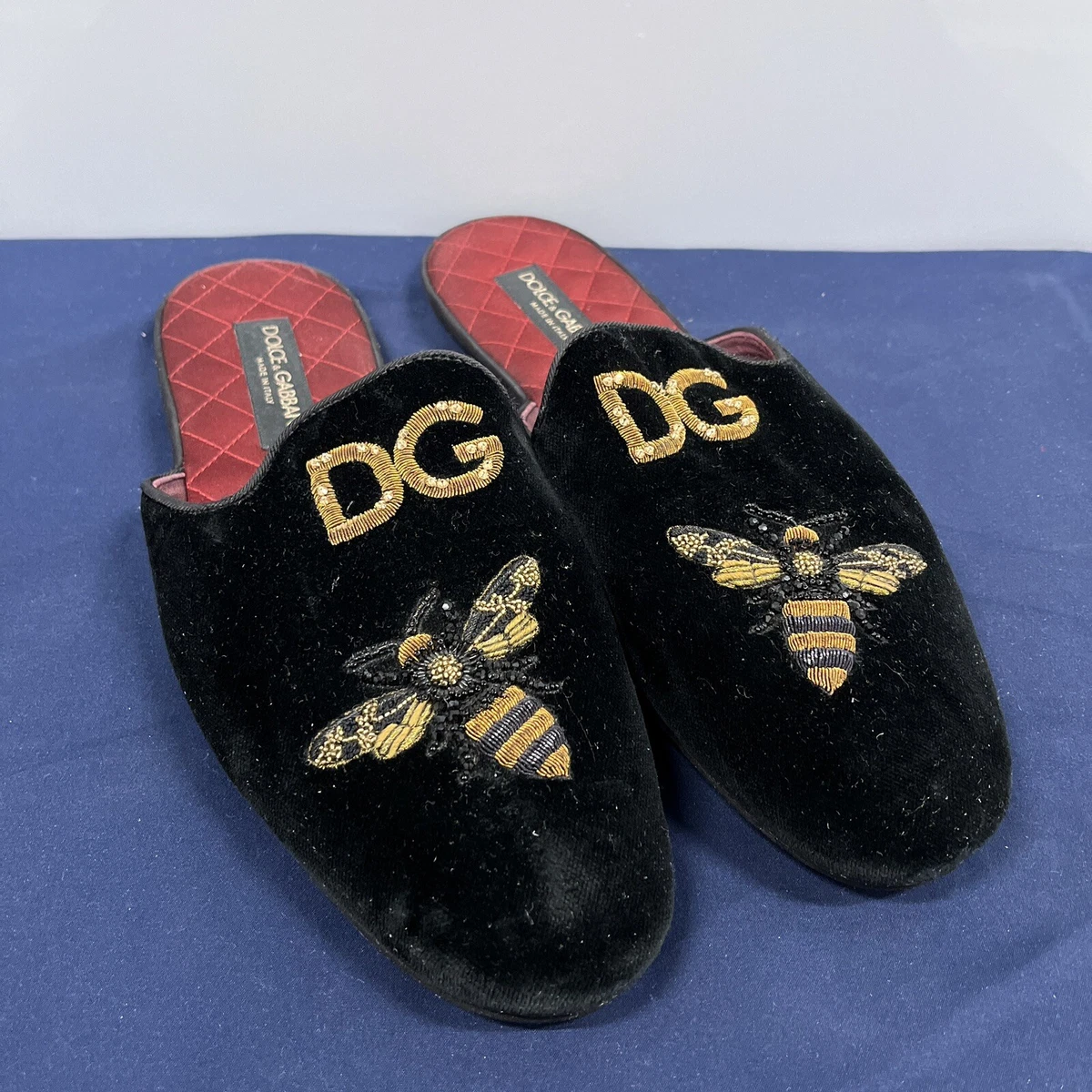 DOLCE & GABBANA Shoes Slides Black Velvet Bees D&G logo Size 11 US RARE