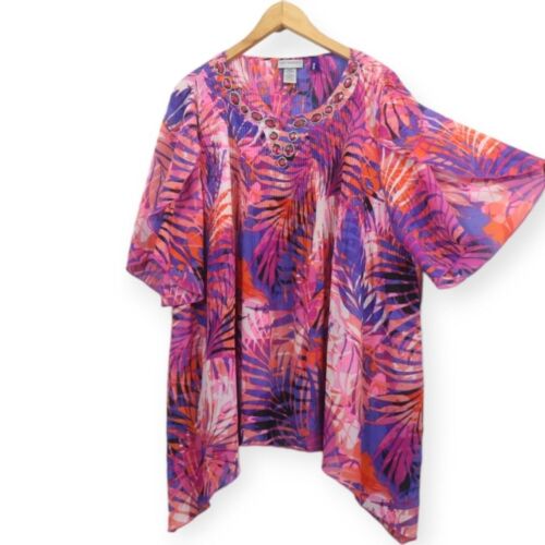 Catherines Chiffon Colorful Tropical Printed Pleated Bejeweled Top 20WP