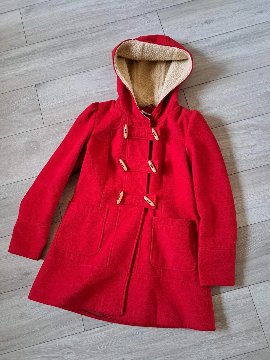 Select Red Duffle Coat Jacket Faux Fur Lined Hood Toggle Fastening Pockets  UK14 | eBay