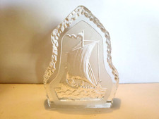 Vintage Iceberg Etched Ship Art Glass Paperweight 