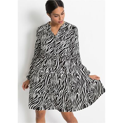 Bodyflirt Ruffle Tunic Dress V-Neck Long Sleeves Animal Print Black Size 12