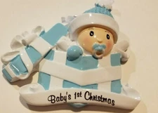 Infant Boys Polarx Brand White & Blue Present Baby's 1st Christmas Ornament