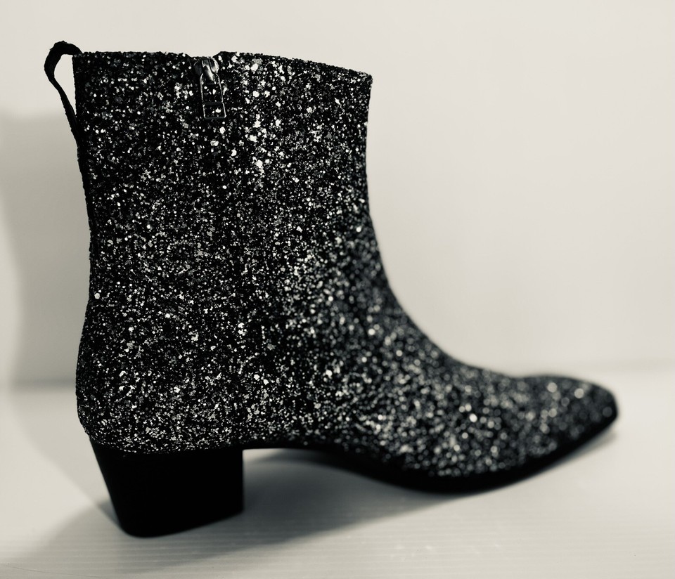 OSSTONE Men's Chelsea Ankle Boots - Leather Glitter Chukka Designer Boots With Side Zipper & Heel - Dress Boots, Black, Size 9.5 - View #2