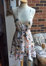 SHEIN Ruffle Trim Wrap look Pink Floral Summer Dress Size S 8 Strappy Romantic