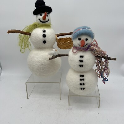 Vintage All Nature Smiles Fiber Art Hand Felted Snowman And Woman