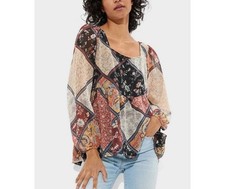 American Eagle Blouse M Floral Semi-Sheer Babydoll Tunic Tie Back Western Boho