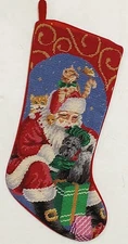 Vintage Needlepoint Christmas Red Stocking Santa Cats Scottish Dog Velvet Back