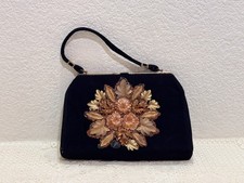Vintage Rare 1950s Black Wool Handbag Floral Applique Frame MCM Purse