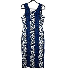 KYs Vintage Womens Blue White Tropical Maxi Dress Floral Sleeveless Sz L Hawaii