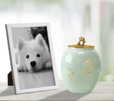 Medium Memorial Pet Urn Dog Cat Ashes Ceramic Pet up to 50LBS Gold Paw Prints
