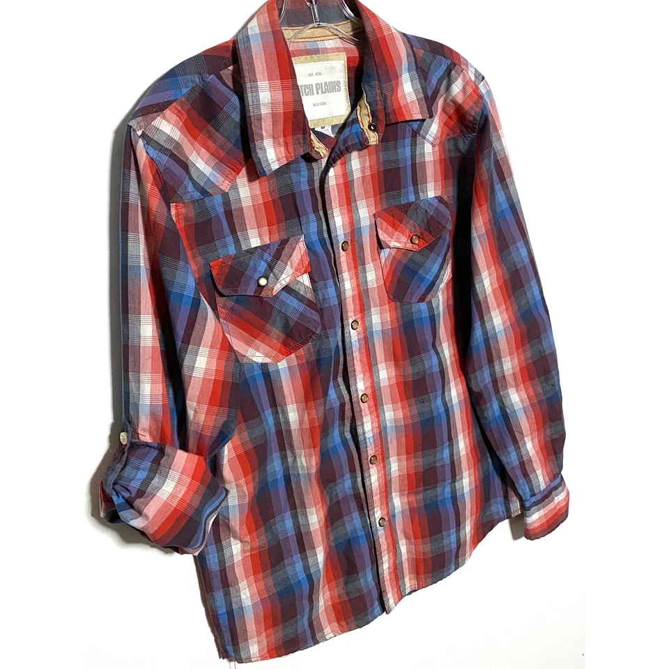 Ditch Plains 格子珍珠扣衬衫男式 M 卷片袖乡村西部 — 第 4/4 张图片