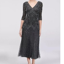 Pisarro Nights Beaded Mesh midi Gown 3/4 sleeve 2P