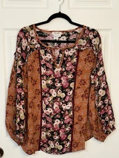 Tru Luxe Jeans Women’s Patchwork Floral Ruffle Boho Key Hole Neck Blouse Large