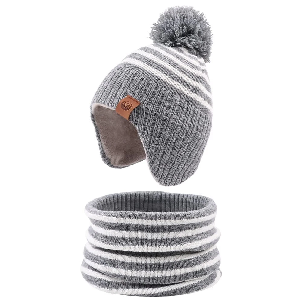 Knitted Baby Hat Scarf Set Winter Warm Boys Girls Beanie Fleece Pompom