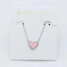 New Kendra Scott Ari Heart Silver Necklace in Pink Quartz