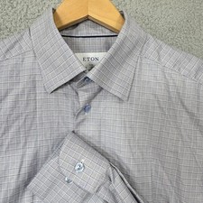 Eton Dress Shirt Mens 16.5 Slim Fit Blue Micro Check Long Sleeve Button Up
