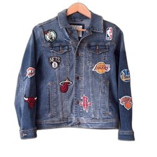 Abercrombie NBA Kids Denim Jean Jacket Basketball Patches Logo Sz 13/14 Youth