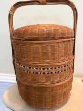 Antique 1940s Chinese 3 Tier Wedding Basket Bamboo Rattan Woven Cane PLS READ