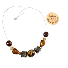 Handmade Brown Stone Beaded Necklace Silver Wire Single Clasp Boho Minimalist