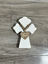 !NEW! Small White Wooden Cross Decor with Heart Pendant Christian Gift
