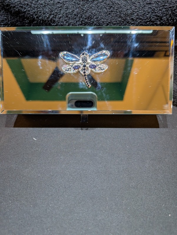Crystal Dragonfly Mirrored Trinket / Jewelry Box Black Velvet Lining 8.75"x4.25"