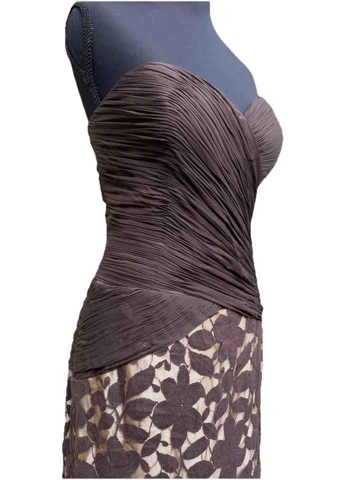 Vestido Jovani Sin Tirantes Chocolate Fruncido Floral Encaje Talla 12 Foto 3 de 4