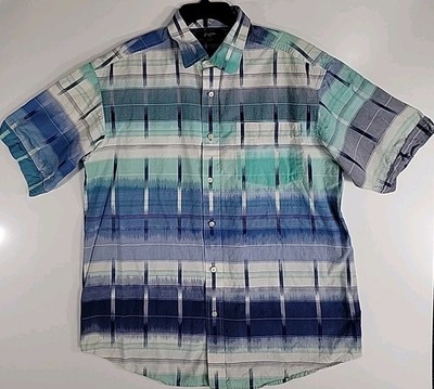 Sean John Men's Ikat Plaid Short Sleeve Button Shirt Green Blue Size 2XL Cotton