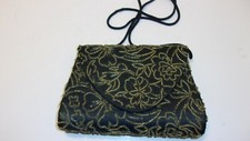 Vintage Black Clutch Evening Bag with Gold Floral Design Beading All Over
