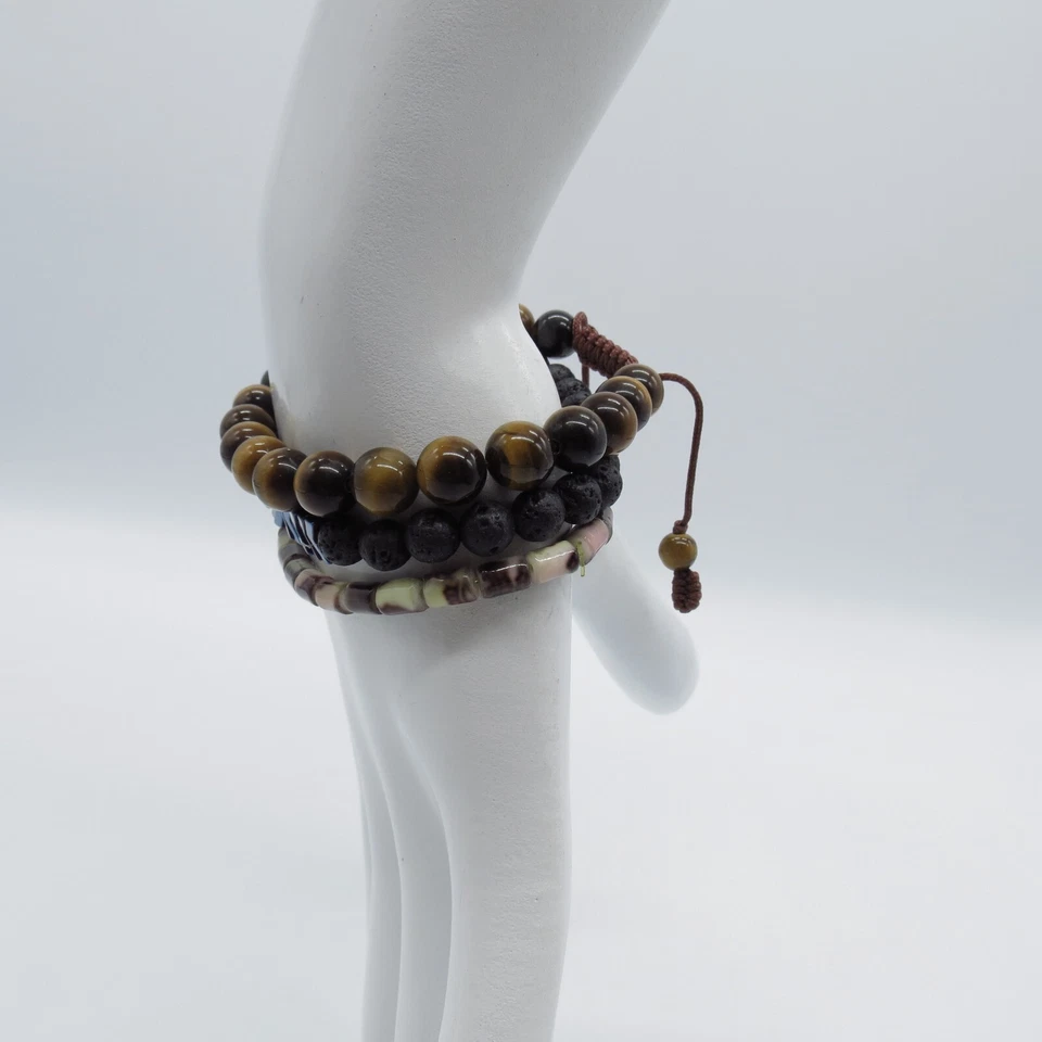 Pulsera 3 Piezas Marrón Negro Cuentas Ojo de Tigre, Roca de Lava, Cuentas de Vidrio Boho 7" Foto 4 de 4