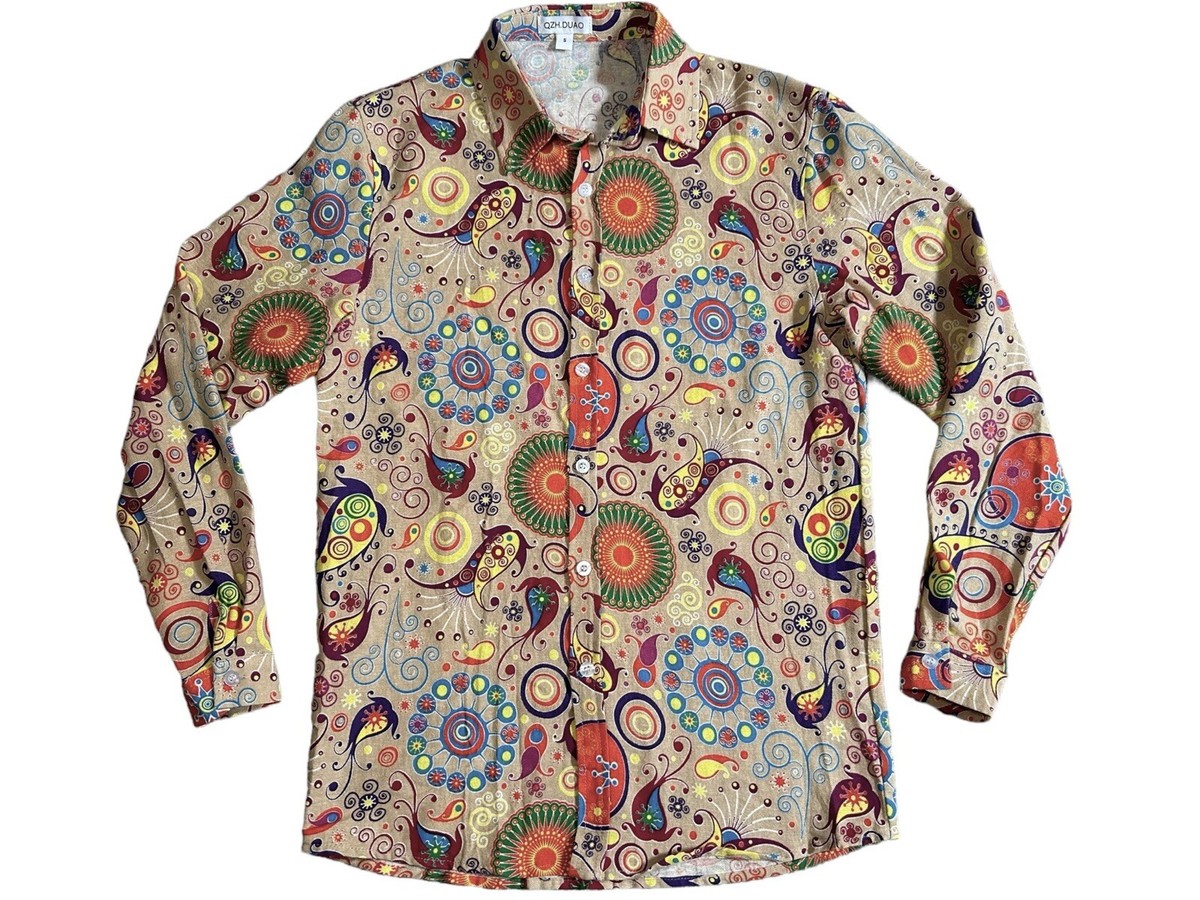 QZH DUAO Linen Blend Shirt Size SMALL 70s Disco Hippy Trippy