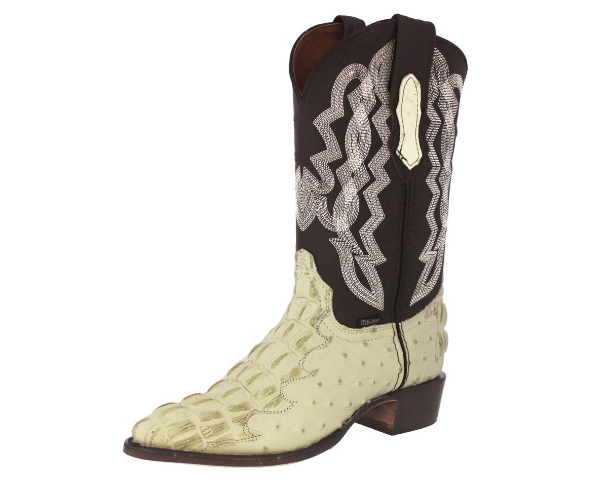 Mens Western Cowboy Boots Off White Alligator Ostrich Print 