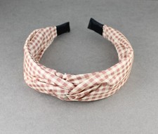 Mauve Pink White gingham turban knot twist headband plaid fabric covered ban