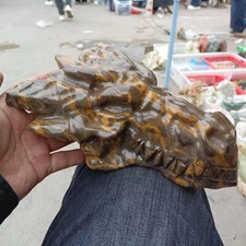 6.1LB Natural Huang Longyu Dragon Carved Quartz Crystal Skull Reiki Healing Gift