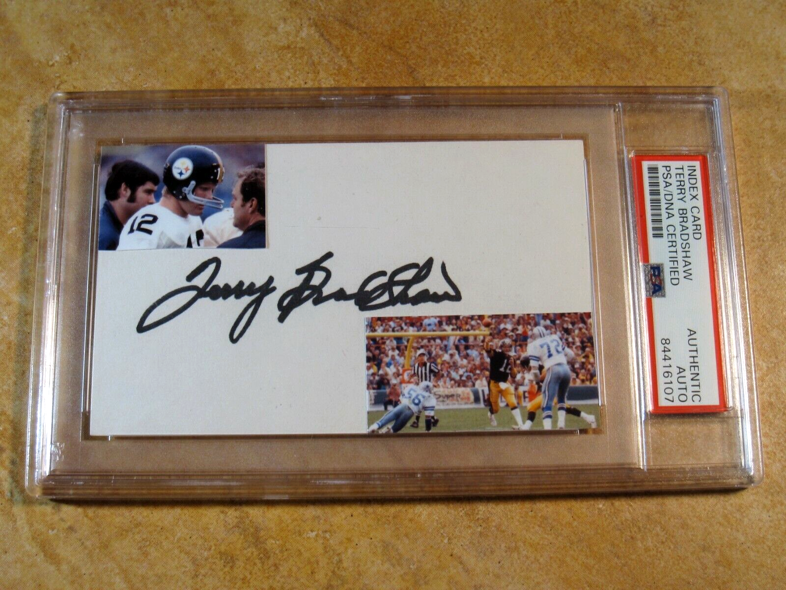 Terry Bradshaw (HOF/1989) Autographed Signed Pittsburgh Steelers INDEX CARD CUT STEELERS PSA 