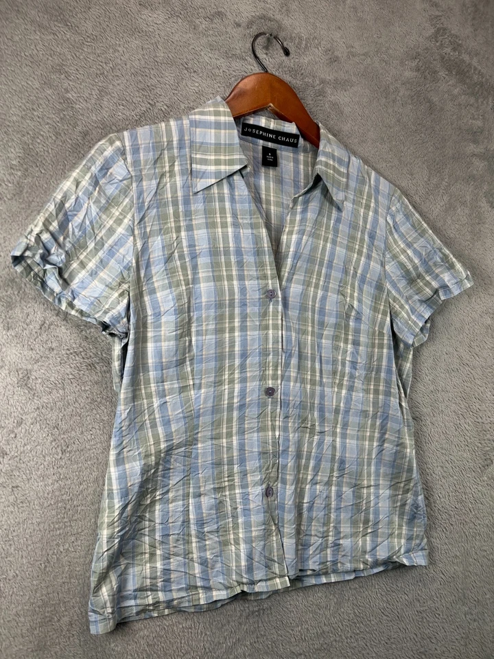 Mujeres Prendas para el torso 8 Camisa de Campamento 100% Seda Azul Botón a Cuadros Josephine CHAUS Manga Corta Foto 4 de 4