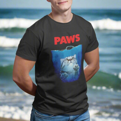 Paws (Jaws) schwarzes schweres Unisex Rundhalsausschnitt Horrorfilm T-Shirt für Katzenliebhaber