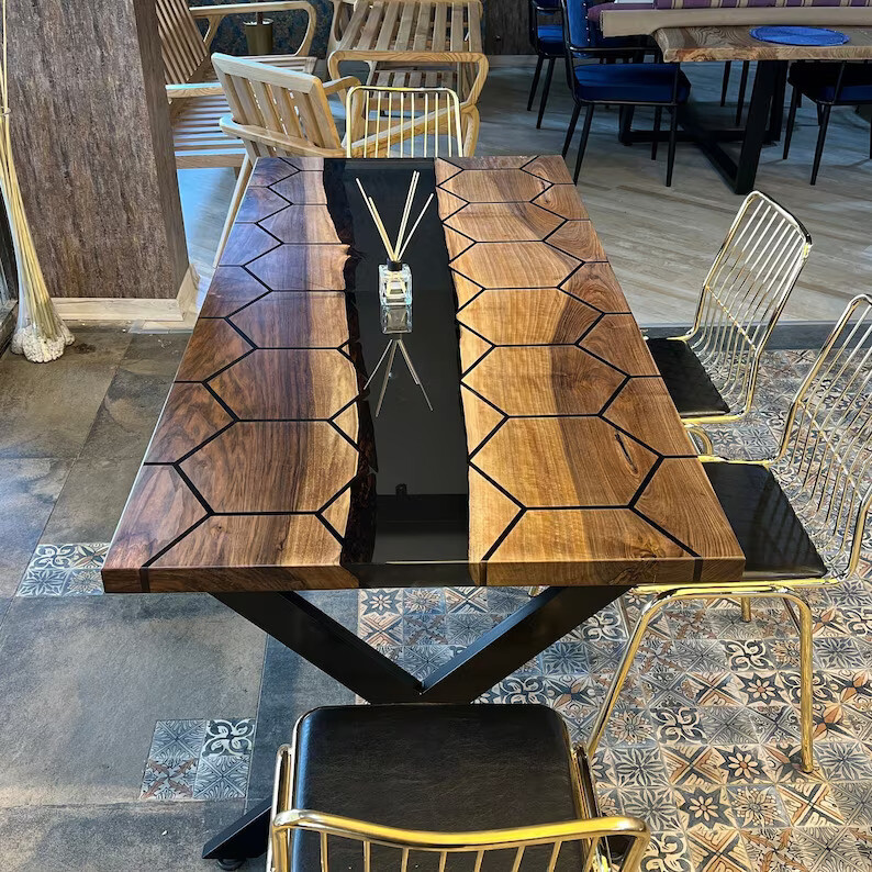Epoxy Hexagon Table, Diy Epoxy Table, Dining Tables, Honeycomb Resin Tables
