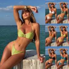 Women 2 pcs Micro Bikini set lace up Swimwear Beachwear push up Bra Bathing suit