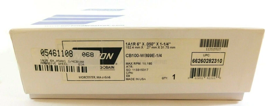 Norton 66260282310 Abrasive Wheel 1A1R 6" x 0.050" x 1-1/4" CB100-WB99E-1/4 - Image 4 of 4