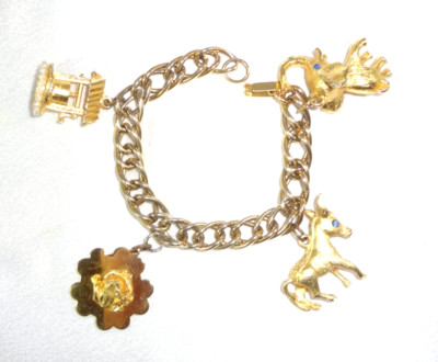 Vtg OBCO Well Frog Elephant Donkey Charms Golden Toned Bracelet Rhinestone Eyes!