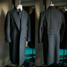Men's Herringbone Long Overcoat Dark Grey Casual Woolen Jacket Wedding Tuxedos