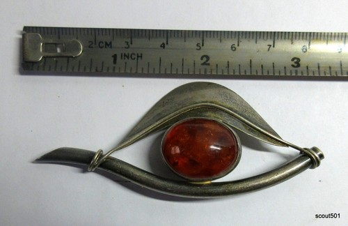 Vintage Signed PB Artisan Egyptian Eye Of Anubos Sterling Silver Amber Brooch - Picture 4 of 7