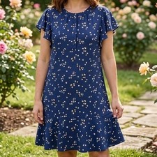 Tommy Hilfiger Floral Flutter Sleeve Ruffle Hem Shift Dress Navy Blue M Preppy