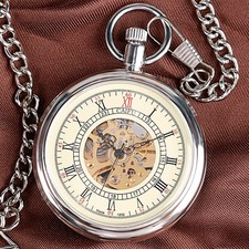 Skeleton Automatic Pocket Watch Silver Case Roman Numerals Open Face w/ Chain