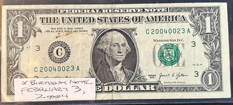 February 3, 2004 (Serial 20040023) One Dollar Fancy Serial Number Birthday Note