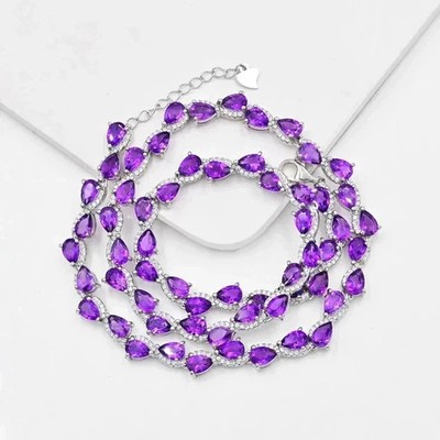14 kt Birnenschliff Lab Created Amethyst Damen Tennis Halskette 14 K Weißgold plattiert