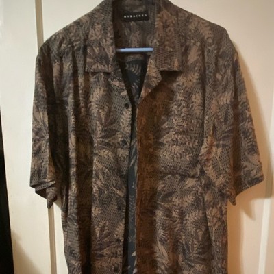 baracuta Men's L Brown/Black Animal Print Silk Woven Short Sleeve Button-Up