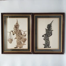 Vintage Thai Temple Charcoal Rubbing Wat Pho Art Framed Pair Southeast Asian 