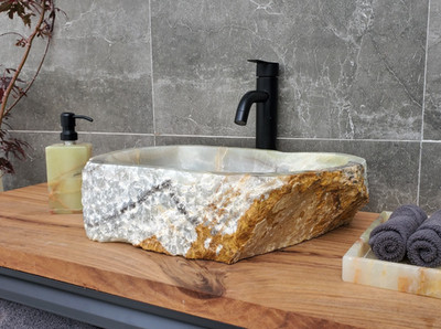 Green, Gray and Brown Onyx Vessel Bathroom Sink, 18 x 12.5 inch Stone Sink