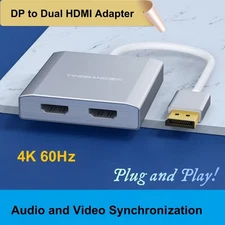 DP to Dual HDMI Adapter 1-in-2-out Multi-Screen 4K@60Hz Display Hub w/20cm Cable